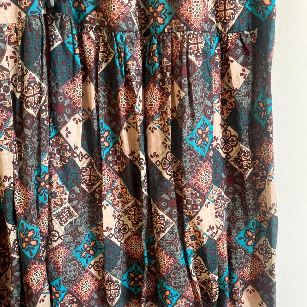 Anthropologie Smocked Ruffle Peregrine Midi Dress Turquoise Patch XL - Picture 7 of 14